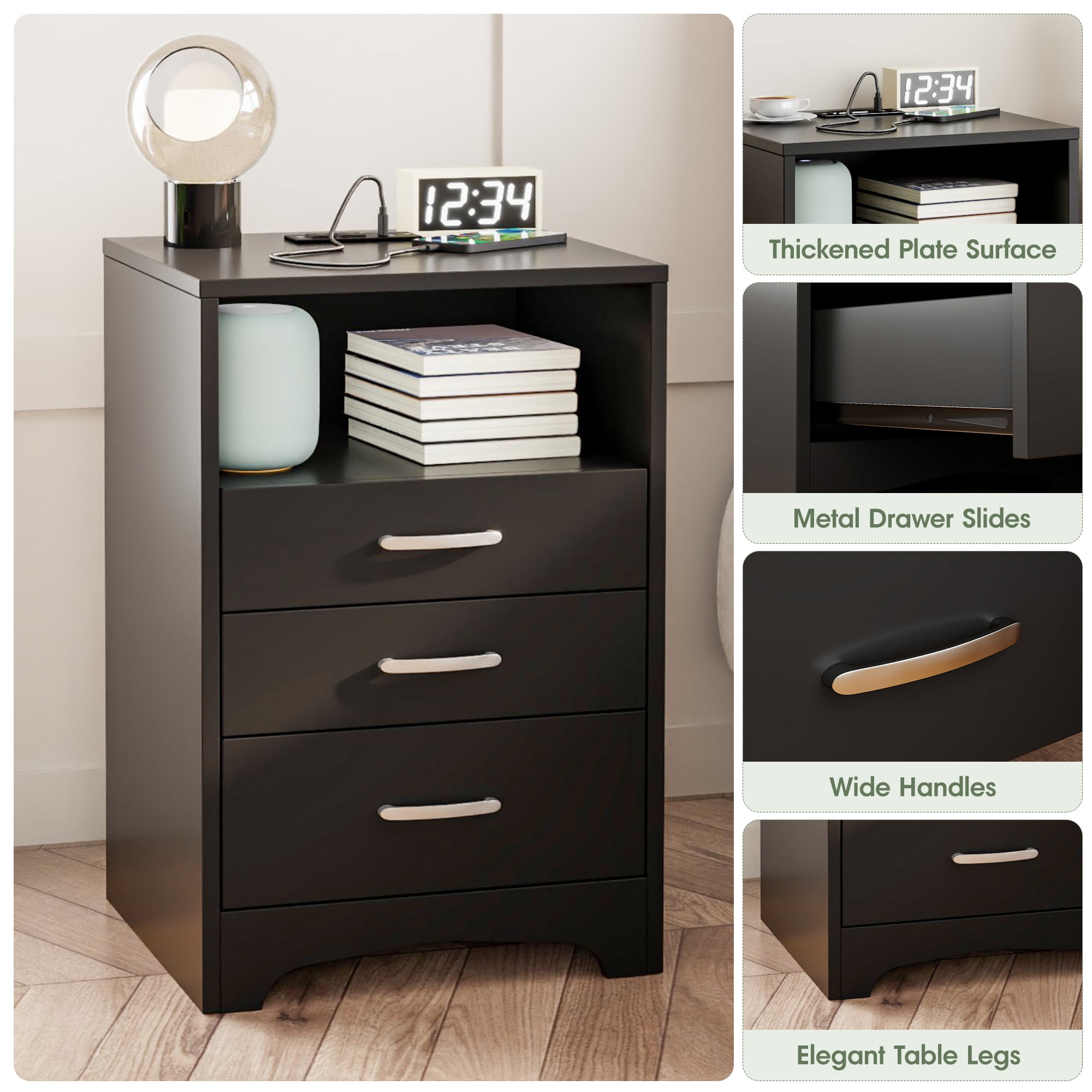 VEANERWOOD Nightstand Set of 2 with 3 Drawers and Charging Station 24" H End Side Table, Black