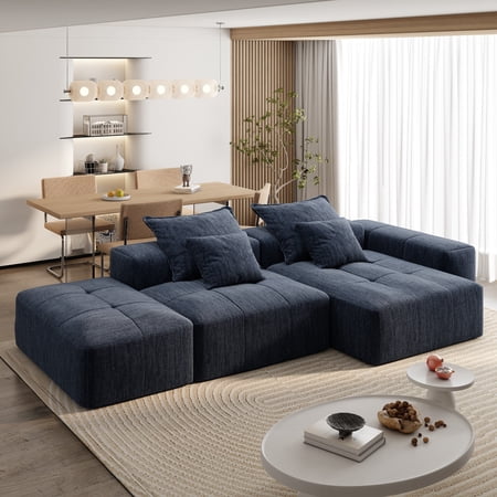 Modern Oversized Modular Sectional Sofa with Ottoman Seat Chaise Lounge and Armrest Sparkling Chenille Fabric Soft Cushion Sofa with 4 Pillows 4 Pcs Diy Combination Sofa No Assembly Required (Blue)