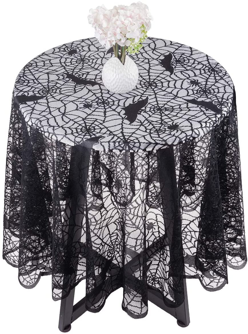 71'' Round Halloween Tablecloth Horror Spider Black Lace Table Cloth Decoration