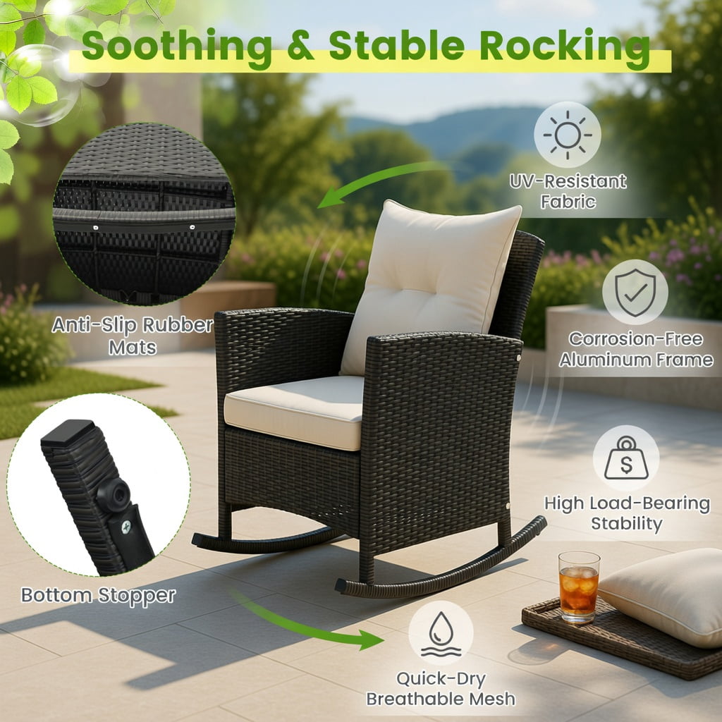 Hommoo 3-Piece Outdoor Rattan Rocking Chair Set with Tempered Glass Coffee Table & Removable Cushions, Weather-Resistant PE Wicker Patio Furniture for Backyard, Poolside & Porch, Brown
