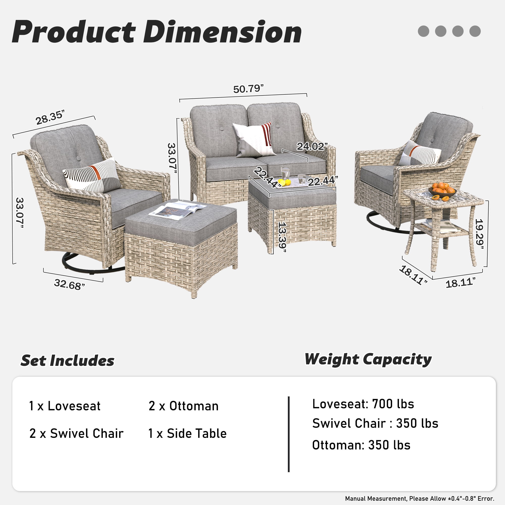 Ovios 6 Pieces Patio Furniture Set All-Weather Outdoor Sectional Patio Sofa Wicker Rattan Conversation Set with Swivel Rocking Chairs for Backyard