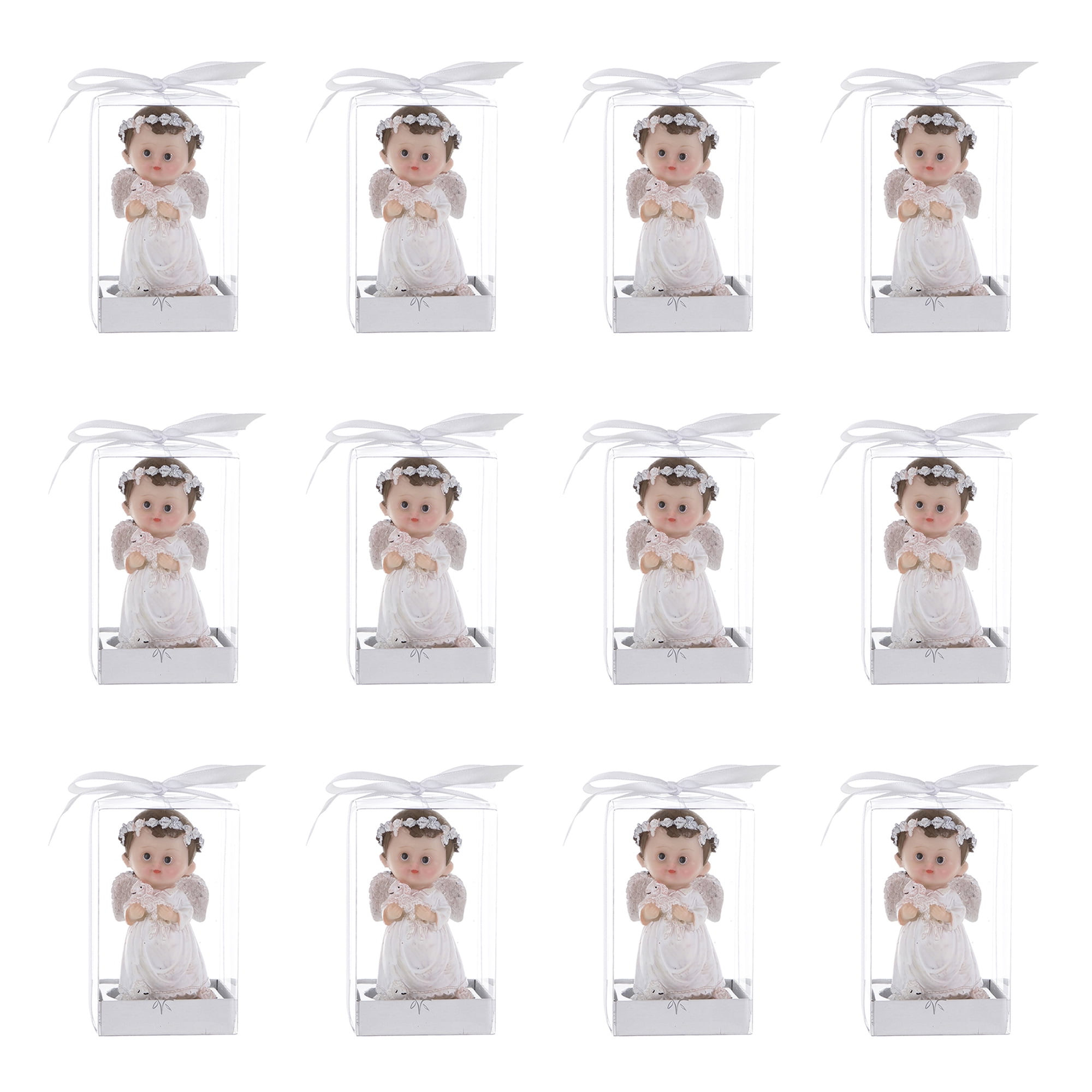 Mega Favors Keepsake Figurine 4” Baptism Baby Boy Poly-Resin Angel Holding Lamb, “Set of” 12