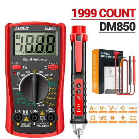 TKDMR Digital Multimeter Tester 1999 Counts with DC AC Voltmeter and Ohm Volt Amp Meter; Measures Voltage, Current, Resistance, Continuity and Diode, black、red