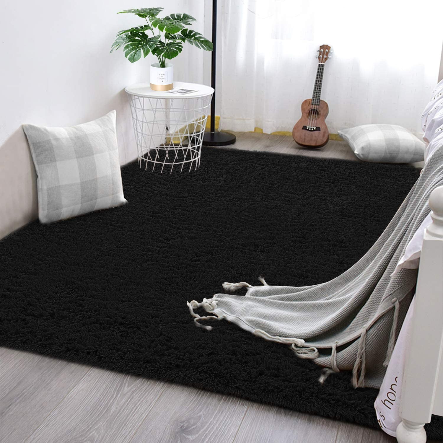 Lochas Soft Shag Carpet Fluffy Rug for Living Room Bedroom Big Area Rugs Floor Mat Home Decor,4'X6',Black