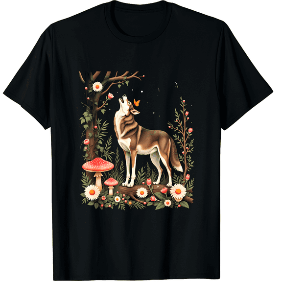 Enchanted Wolf Forest Mushrooms Floral Unisex T-Shirt