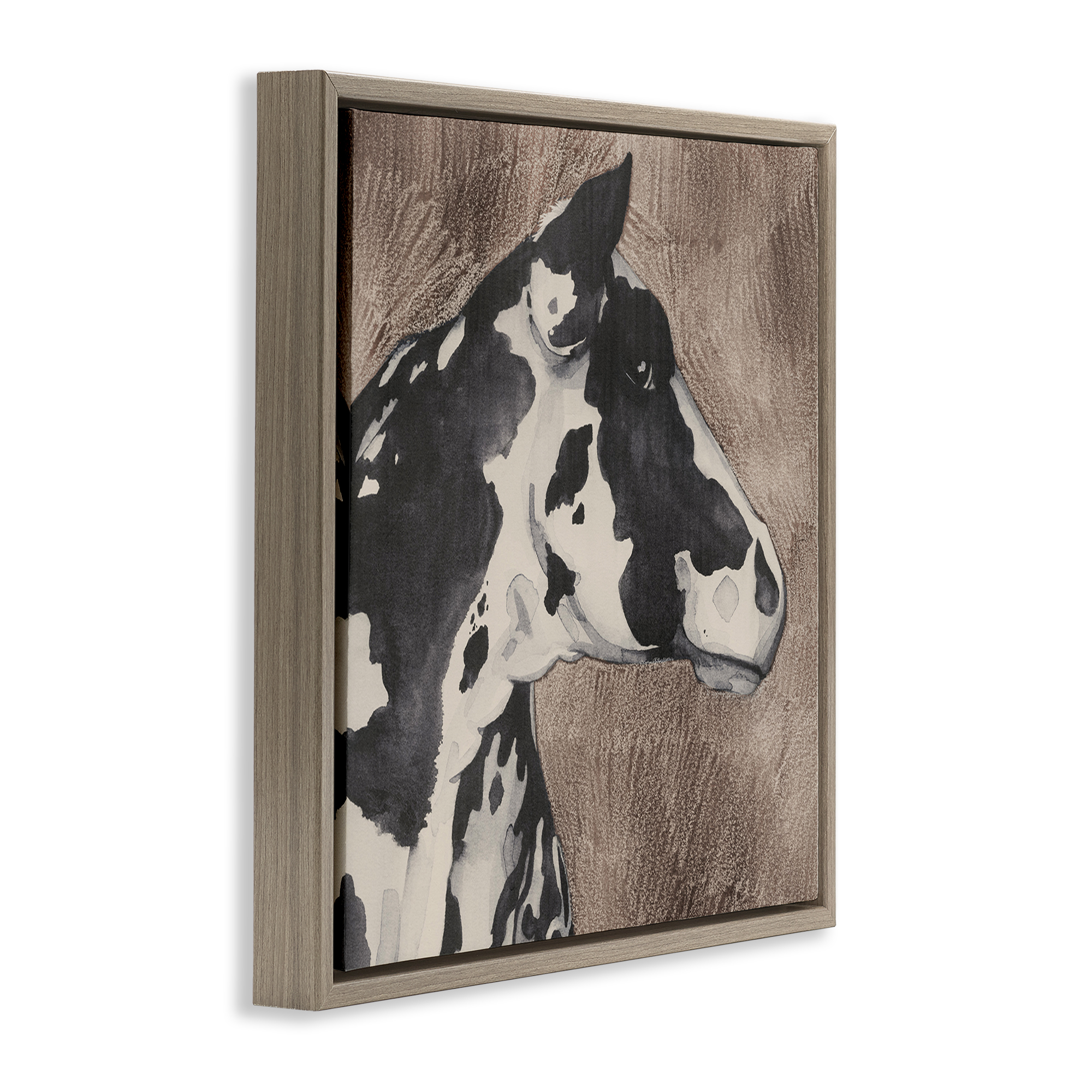 Stupell Industries Rustic Cow Looking Right Animals & Insects Painting Brown Floater Framed Canvas Art Print Wall Art, 25 x 25