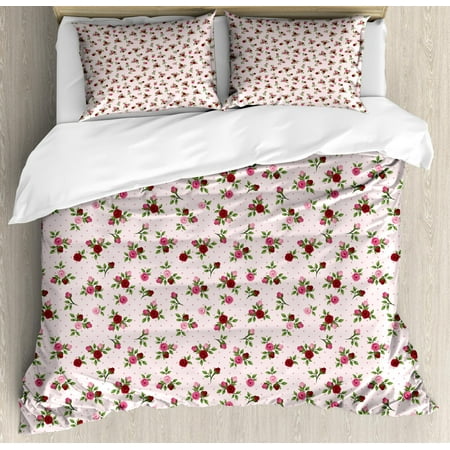 Floral Duvet Cover Set Queen Size Romantic Rose Bouquet On Polka