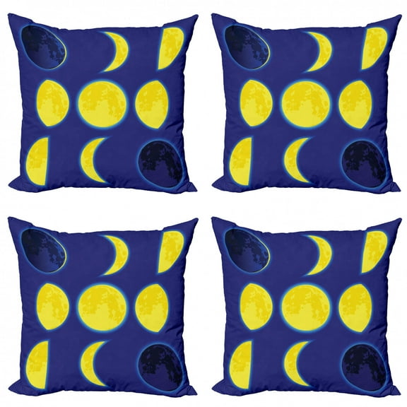 Moon Throw Pillow Cushion Case Pack of 4, Lunar Phases Scheme on a Night Sky Backdrop in Simplistic Cartoon Style, Modern Accent Double-Sided Print, 4 Sizes, Indigo Yellow, by Ambesonne