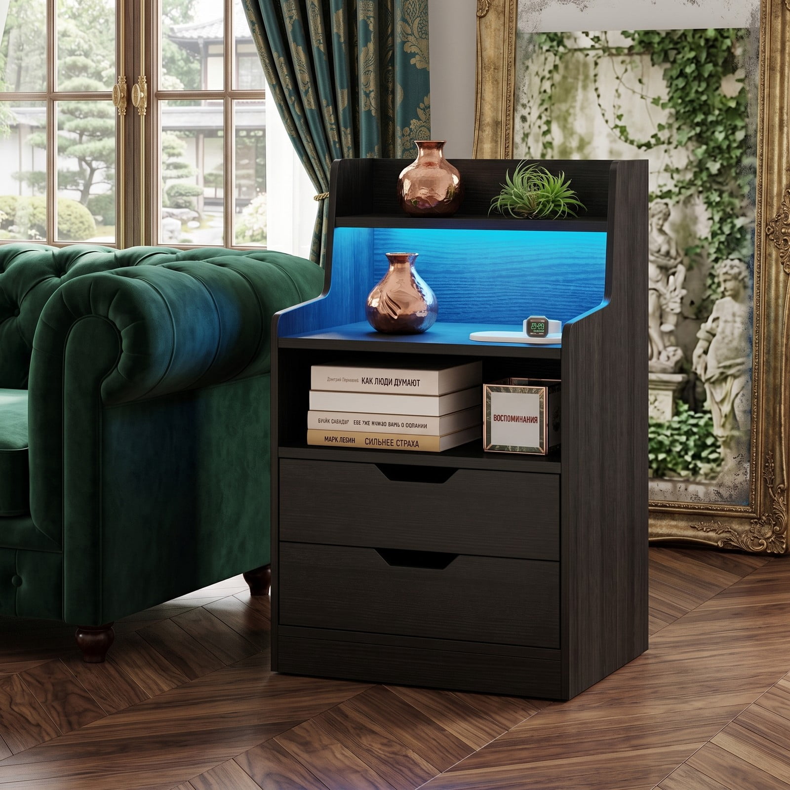 Furnibear Nightstand with RGB LED Light and Charging Station and 2 Drawers for Bedside Storage in the Bedroom and Living Room, Black
