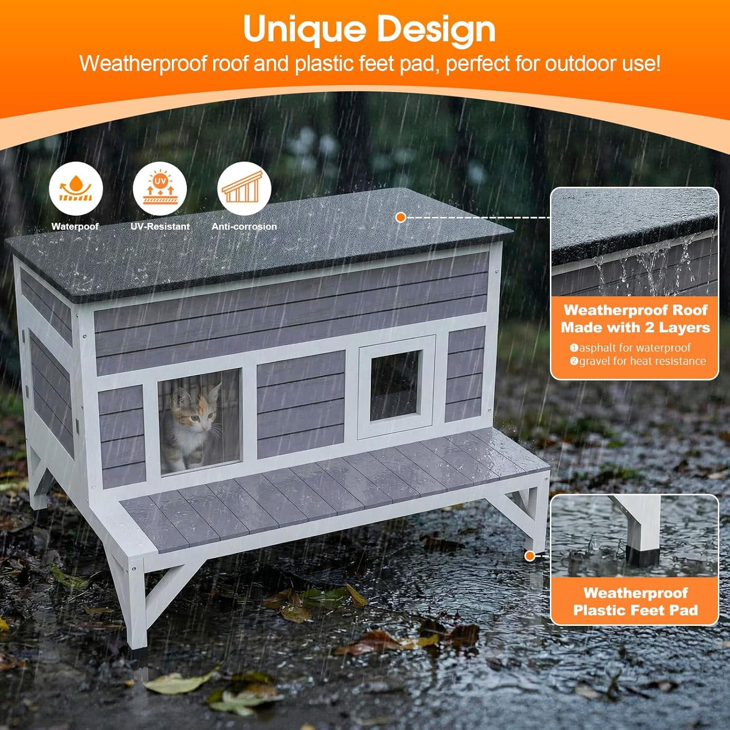 HomeSheek 40.4" Large Wooden Cat House, Weatherproof Shelter with Platform, Easy Cleaning Safe Indoor/Outdoor Home(with Elevated Base)