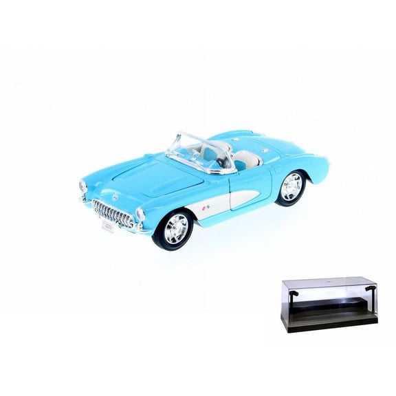 Diecast Car w/LED Display Case - 1957 Chevy Corvette Convertible, Light Blue - Welly 29393/4D - 1/24 Scale Diecast Model Toy Car