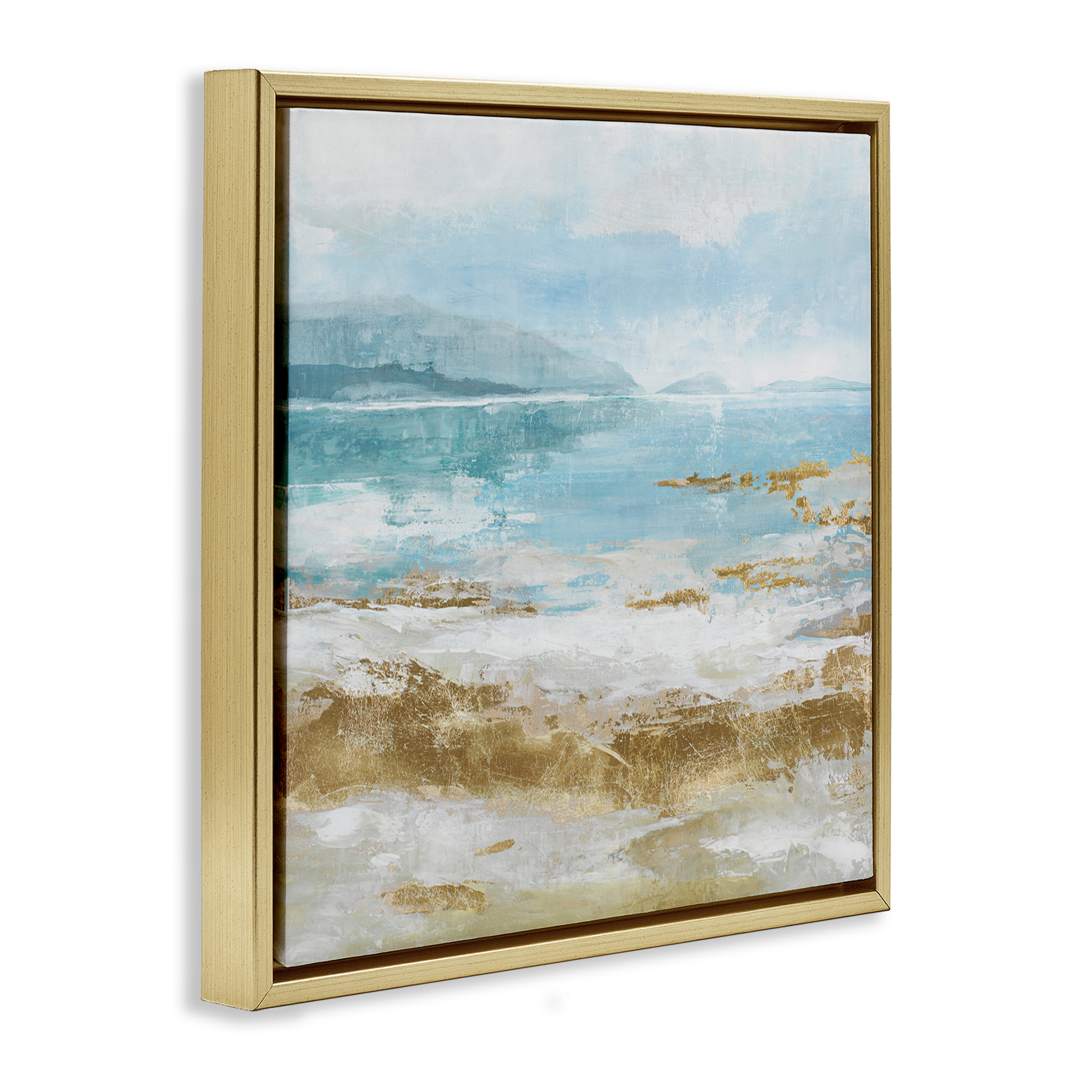 Stupell Industries Distressed Beach Landscape Coastal Painting Gold Floater Framed Canvas Art Print Wall Art, 18 x 18