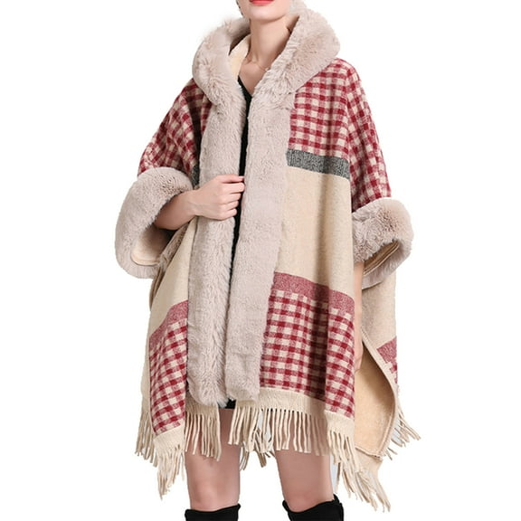 XFLWAM Women Faux Fur Shawl Wrap Poncho Wool Collar Plaid Batwing Sleeve Hooded Cardigan Christmas Fringed Hem Warm Cape Sweater Cloak Hot Pink Free Size