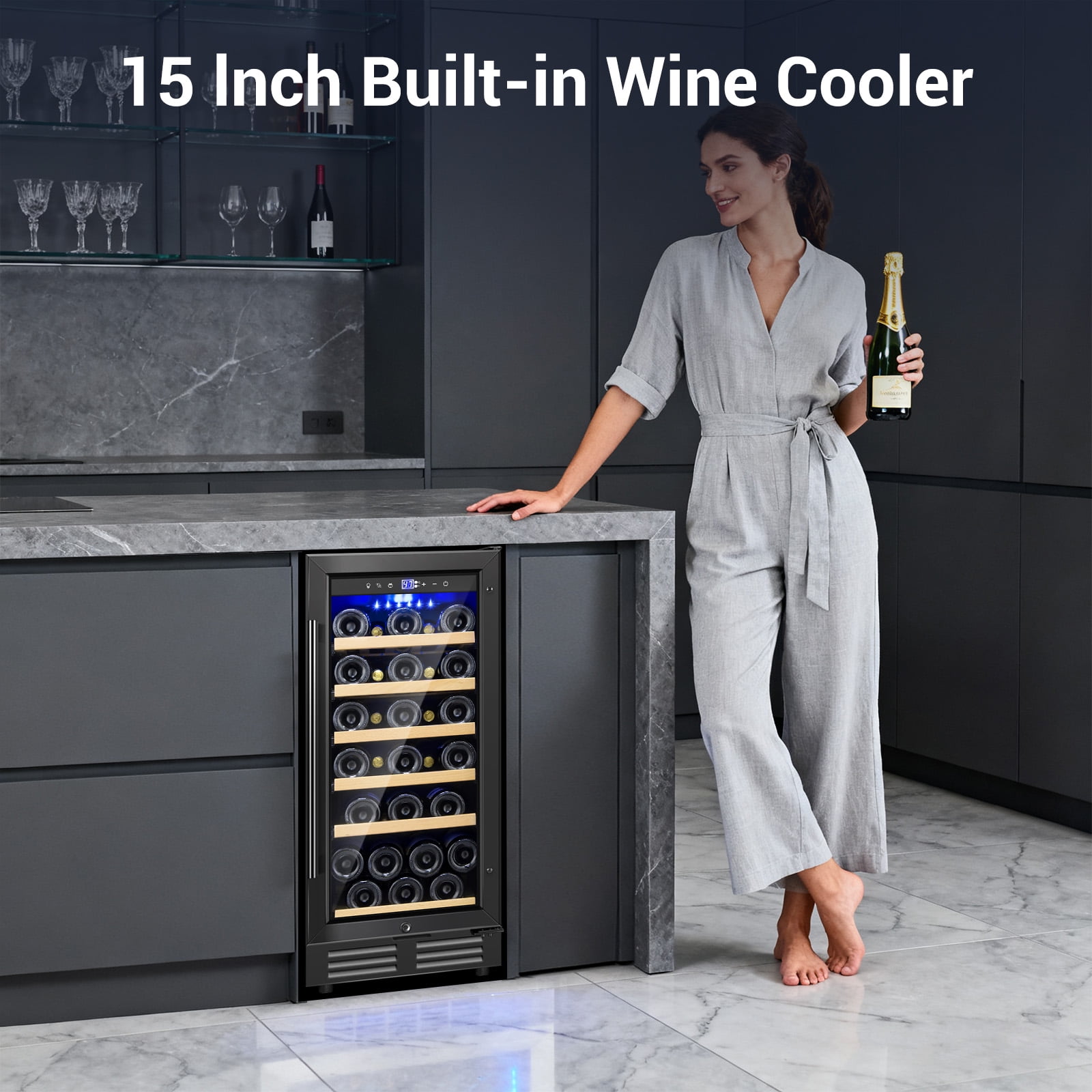 TITTLA 15 inch Wine Refrigerators,30 Bottles Wine Coolers ,Freestanding & Built-in with Glass Door,Black