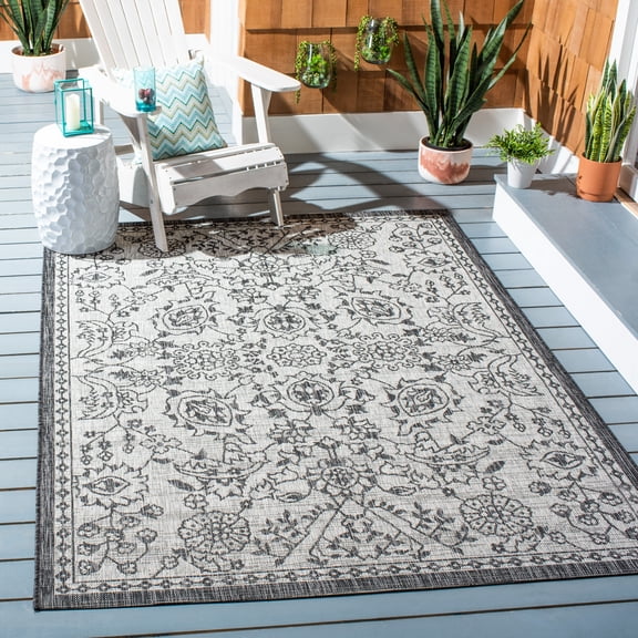 SAFAVIEH Courtyard Skylar Floral Indoor/Outdoor Area Rug, Grey/Black, 5'5" x 7'7"