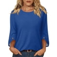 thumbnail image 2 of Qwertyu Womens Top 3/4 Sleeve T-shirts for Women Casual Crew Neck Three Quarter Length Sleeve Solid Fashion Loose Pullover Dark Blue S, 2 of 7