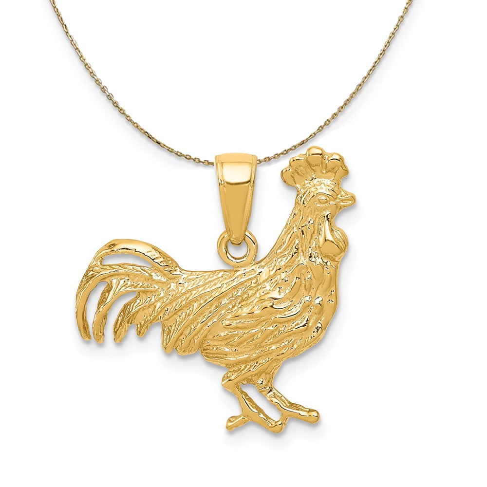 14K Yellow Gold Rooster Charm Pendant with 1.5mm Flat Open Wheat Chain Necklace