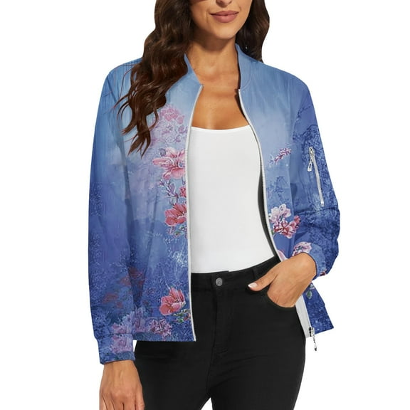 Bovemsi Women's Floral Bomber Jacket 2025 Causal Zip Up Coats Long Sleeve Stand Collar Fall Jackets Lightweight Outerwear Tops Light Jackets