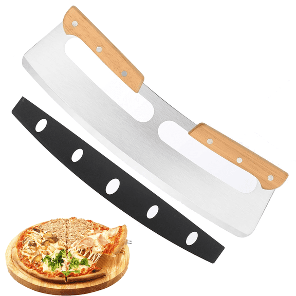 Pizza Cutter Rocker with Wooden Handles & Protective Cover , 14 inch Sharp Stainless Steel Pizza Slicer Wheel, Big Pizza Knife Cutters for Kitchen Tool