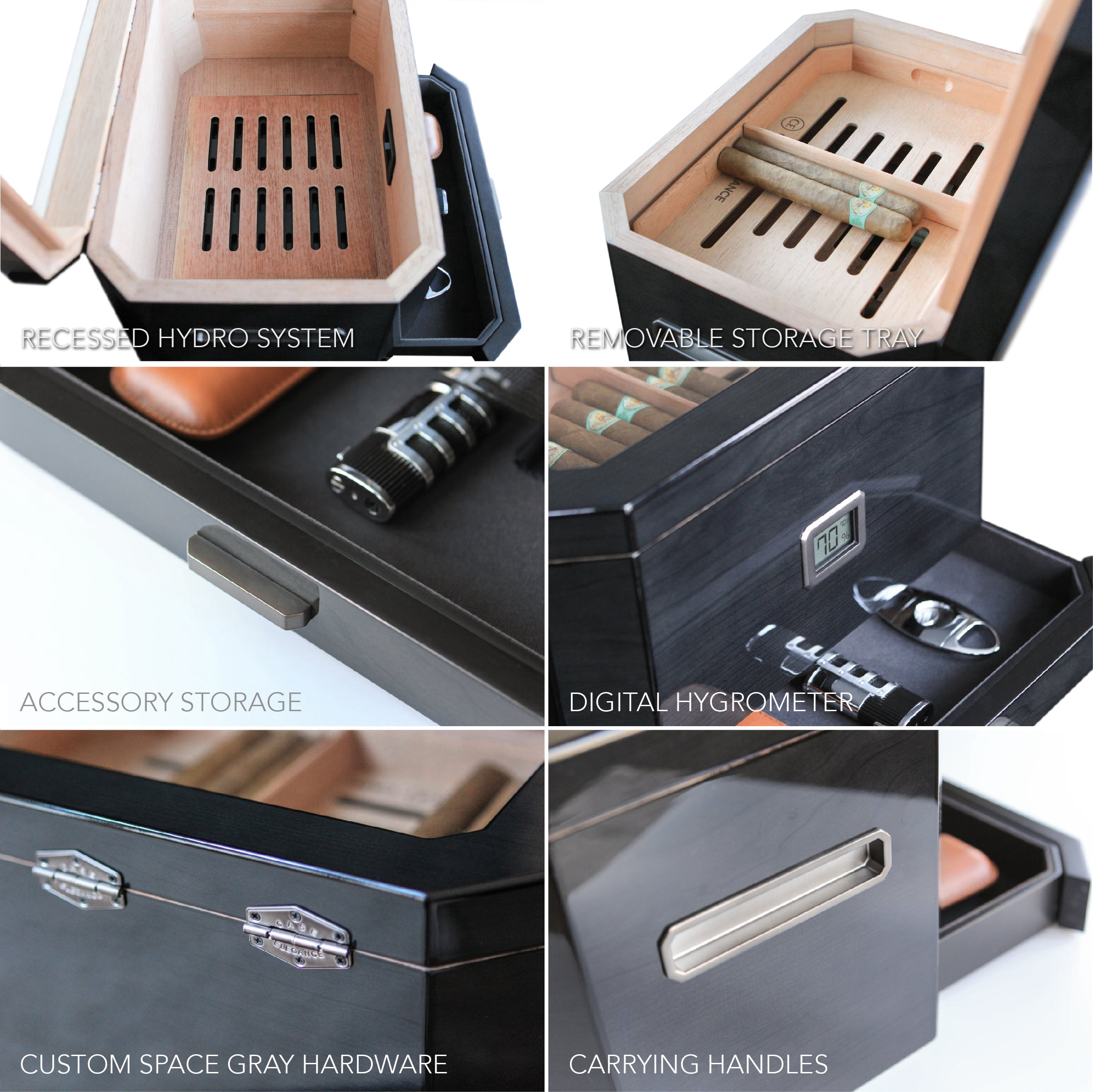 Octodor Large Black Piano Finish Glass Top Cedar Humidor Holds (50-100 Cigars) by Case Elegance