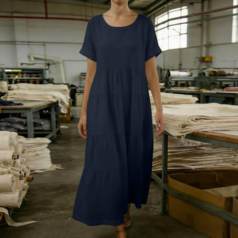 MaFYtyTPR Summer Dresses for Women Casual Round Neck Solid Color Short Sleeve Cotton Linen Long Dress Z-Purple XL MaFYtyTPR Summer Dresses for Women Casual Round Neck Solid Color Short Sleeve Cotton Linen Long Dress Z-Purple XL