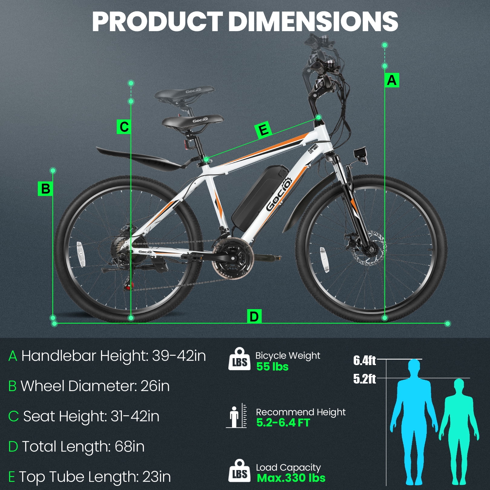 Gocio 500W Electric Bike for Adults, 26" Mountain Electric Bicycle with 5 Riding Modes Ebike, 48V 7.8Ah Battery, 21 Speed, 19.8 mph Aluminum Alloy Electric Commuter Bike UL2849, Ebike for Man