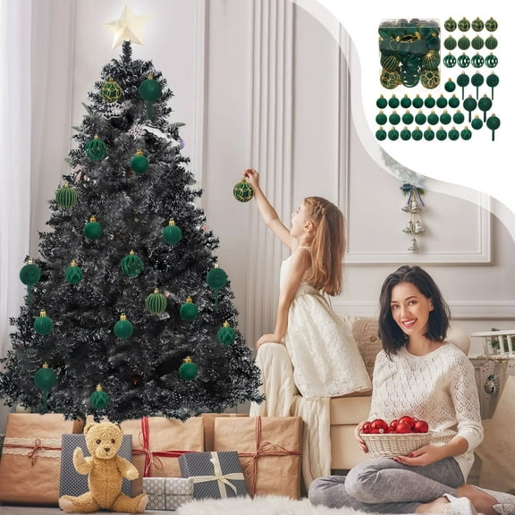 42 Pack Flocked Christmas Ornaments Set,6cm Red Green Brown Holiday Decorations for Tree,Party,Home,Office,Wedding,Festive Xmas Ball Decor