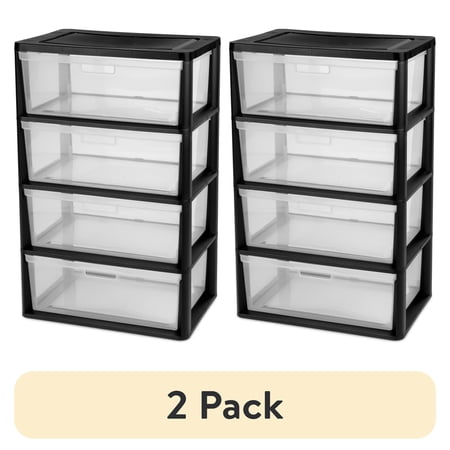 (2 pack) Sterilite Wide 4 Drawer Tower, Plastic Storage Organizer with Removable Clear Bins, Easy Assembly, No Tools Needed, Black