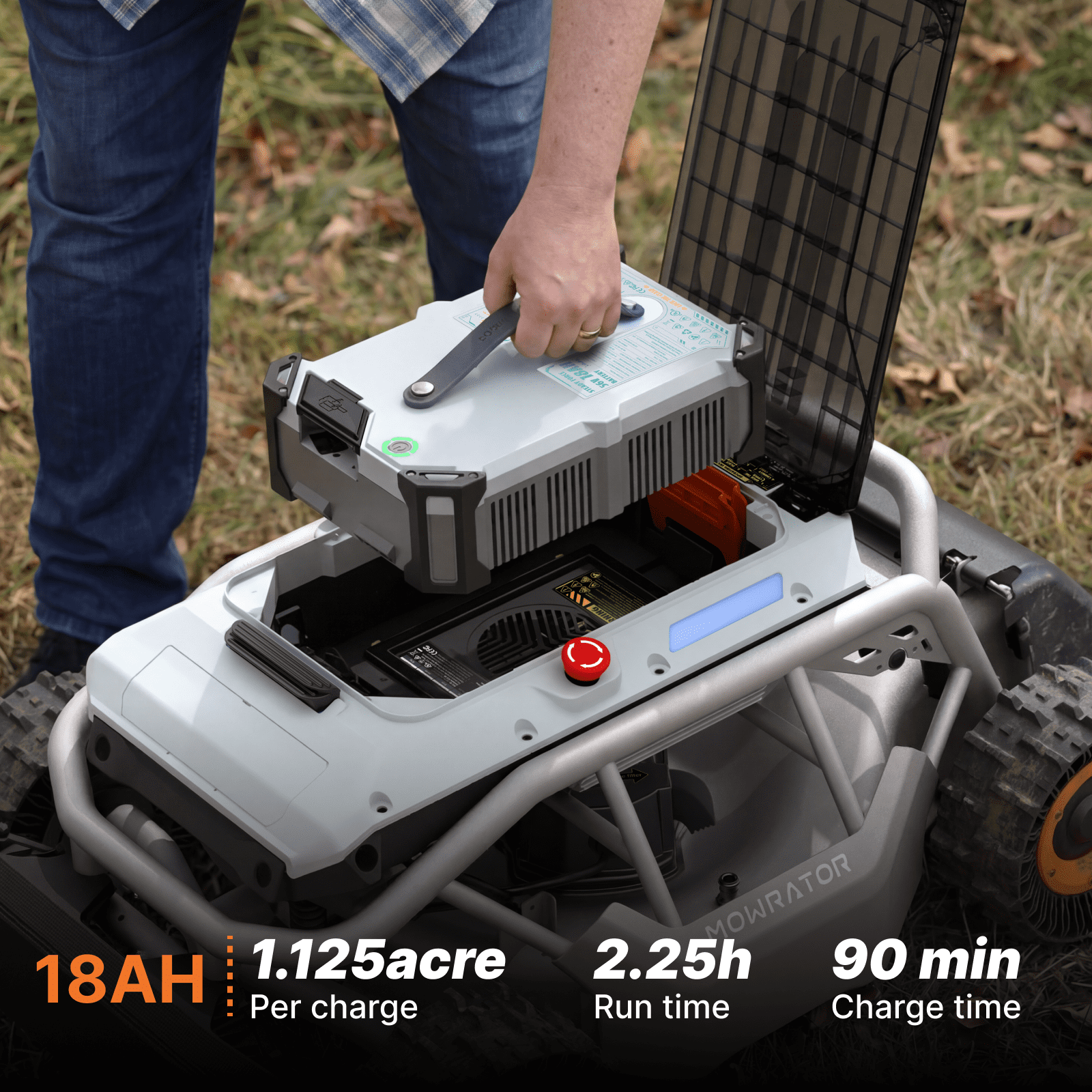 Mowrator S1 4WD 18Ah Remote Control Lawn Mower with Deformable Tires, All-Season Yard Care, 100% (45°) Slope Climbing, with Leaf Shredding Vacuum, 21" Width, 1.5–4.3" Cutting Height, Up to 1.12 Acres