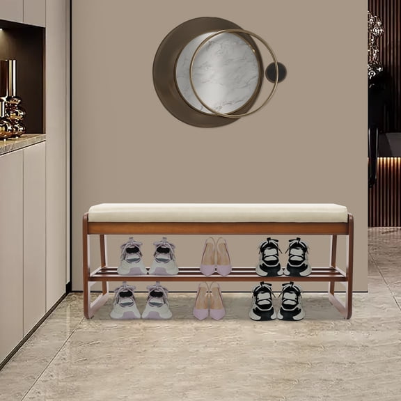 ToppiJoy Wooden Shoe Rack Bench with Cushion, Entry Bench Seat with Shoe Storage, for Entryway Hallway Living Room Bedroom 39.4*14.2*16.5in