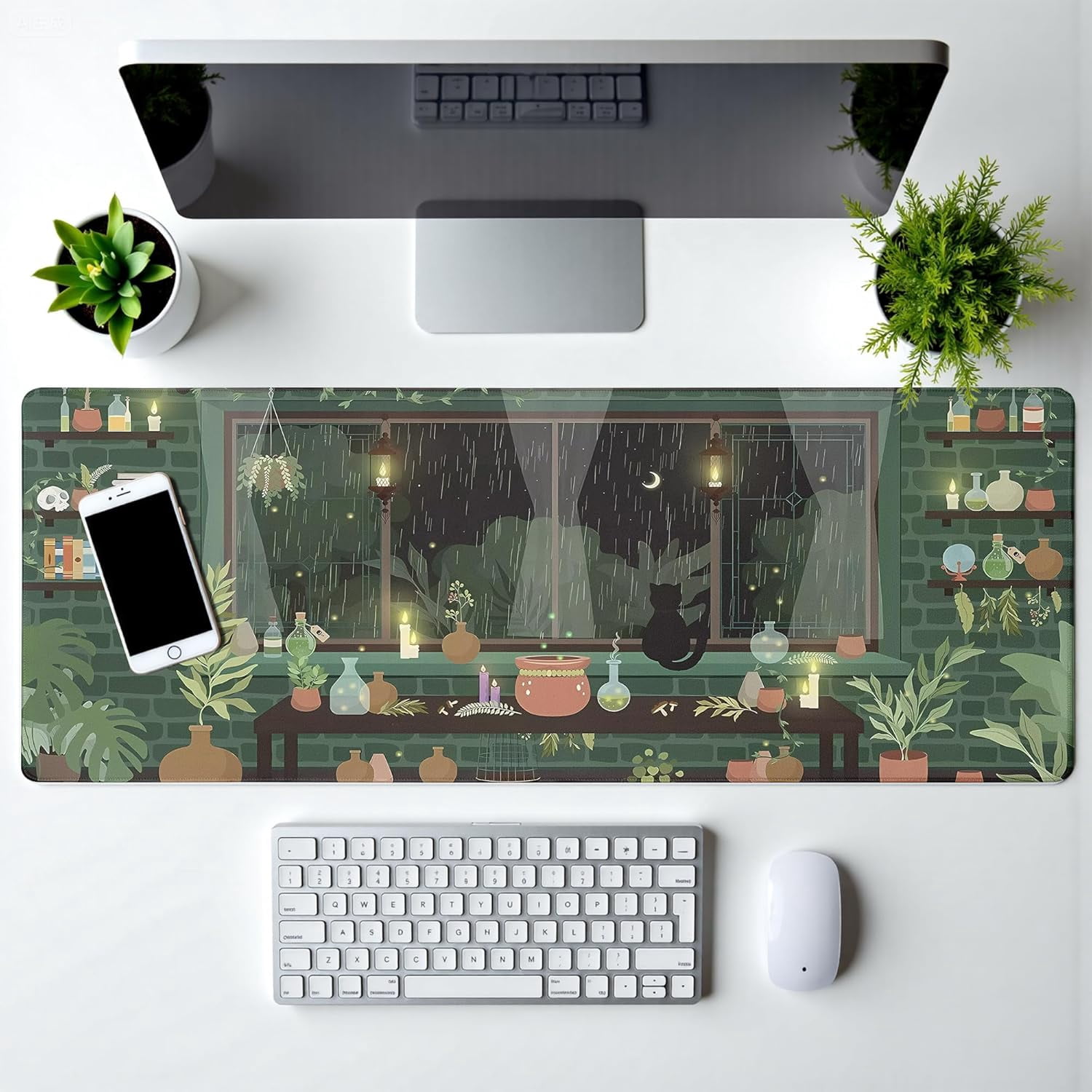 Dark Green Leaves Mouse Pad Abstract Cat Mouse Pad 31.5x11.8 Inch Aesthetic Flower Texture Non-Slip Rubber Base Large Mousepad Stitched Edges Keyboard Mouse Mat Desk Pad for Office and Home