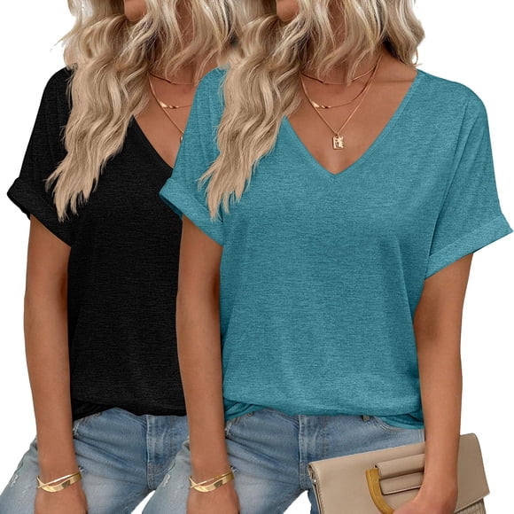 Tops HOTOUCH de verano con cuello en V, manga corta, para mujer, paquete de 2 unidades XL