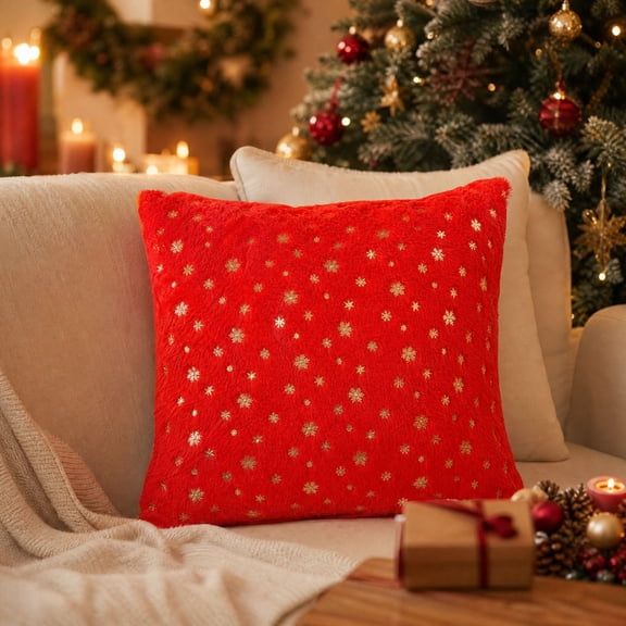Christmas Decorative Throw Pillow Covers Soft Faux Fur Pillow Case Cover with Glitter Gold Snowflake Winter Pillowcases For Couch Sofa Bed Room 18x18Inch