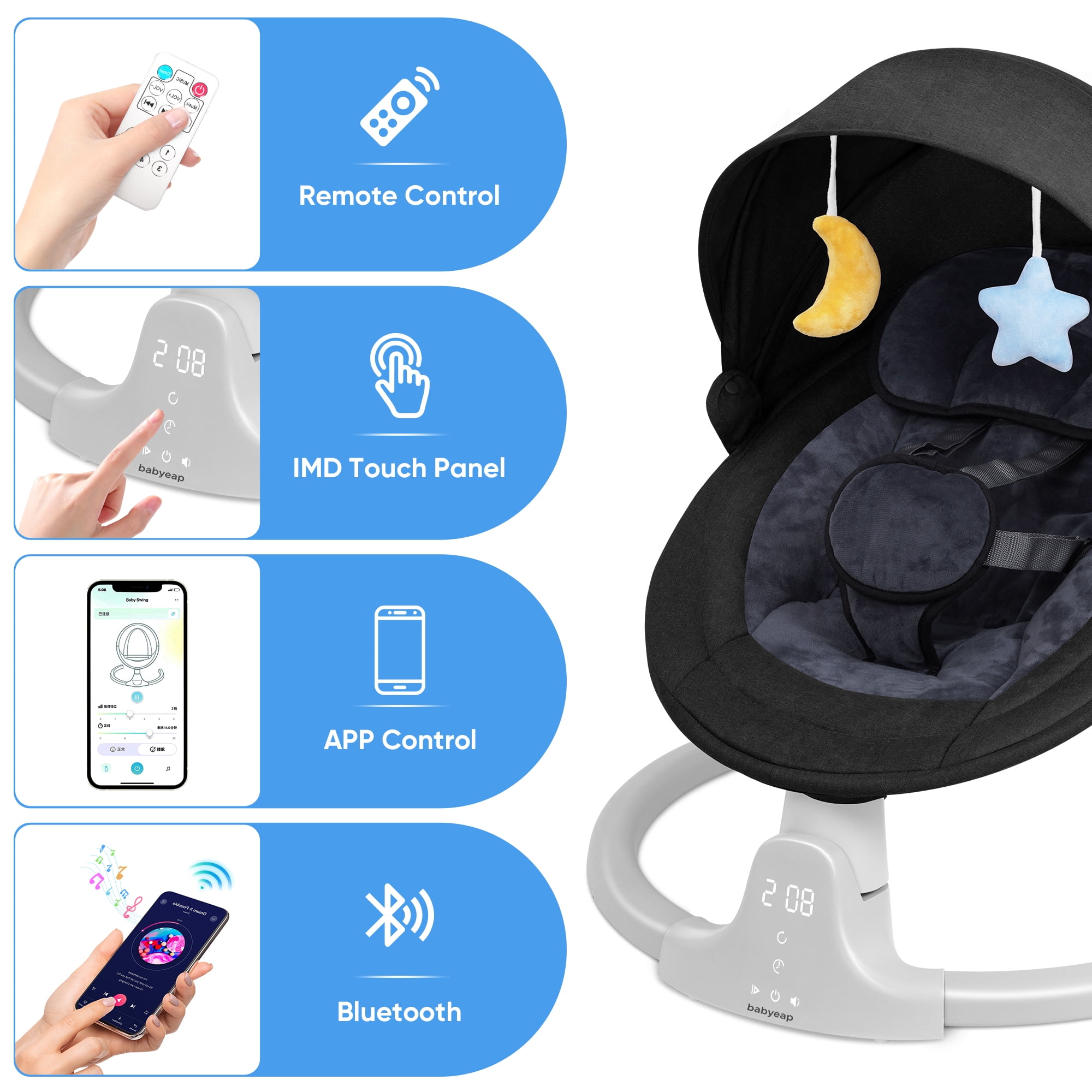 Babyeap Baby Swing for Infants - Motorized Swing with Music Speaker and Remote Control - 10 Lullabies - Black