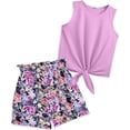 thumbnail image 3 of Oudiya Girls 2 Piece Outfits Tie Knot Crop Top and Paperbag Waist Pocketed Summer Short Clothing Sets Size 6-14, 3 of 9