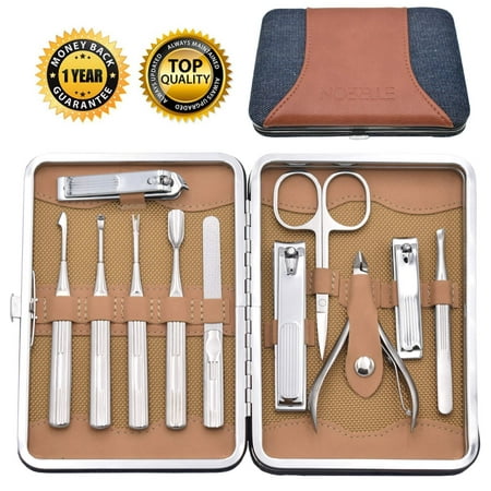 Novelle Professional Stainless Steel Manicure Set 11 In 1 Pedicure Kit Nail Scissors Grooming Kit For For Men with Denim Leather Travel