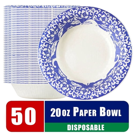 Paper Bowls, 50 Count 20 oz Disposable Heavy Duty Soup Bowls with Porcelain Pattern, Leak-Proof Microwave Safe for Meal Prep, Takeout, Parties, BBQ and Family Gatherings