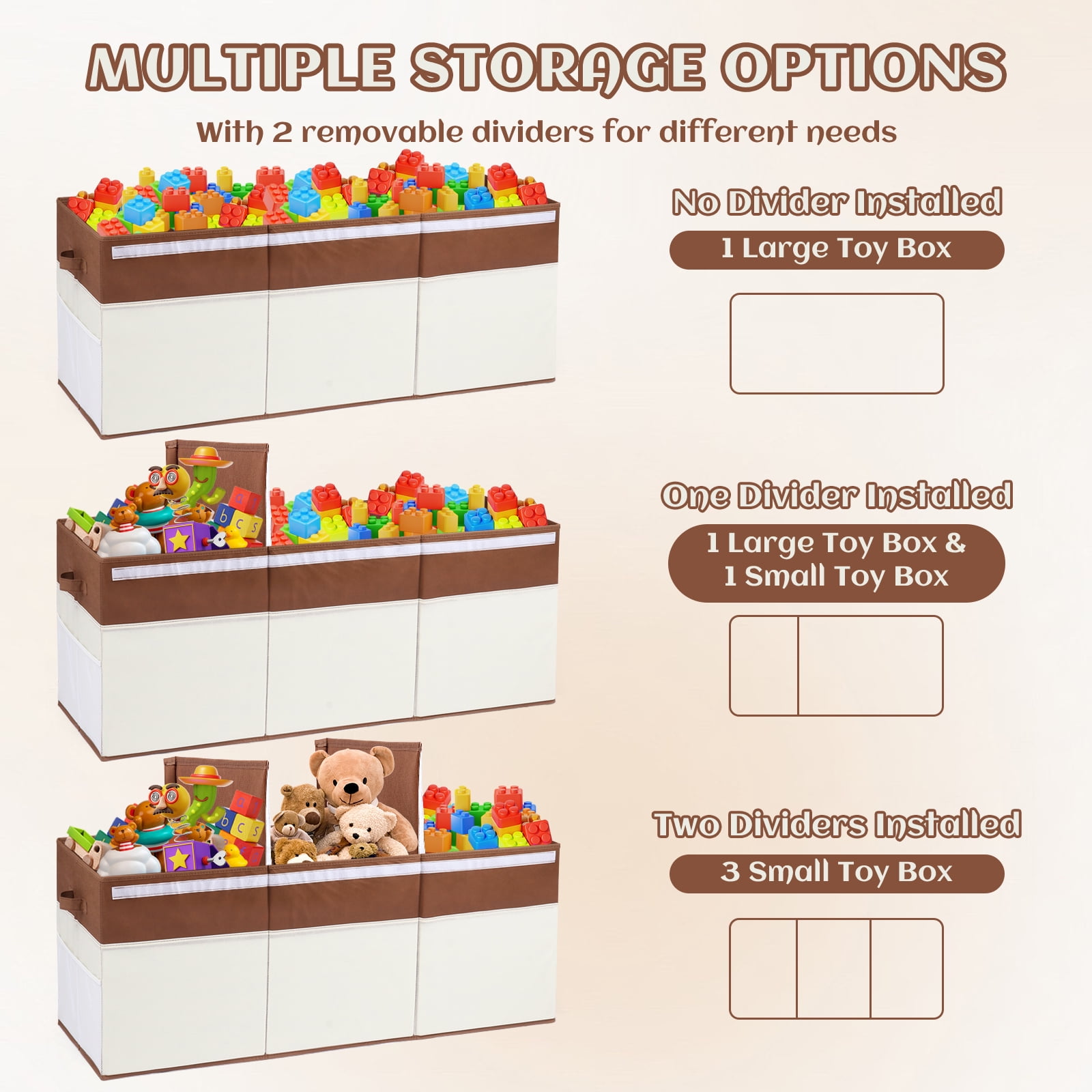 FIIOEOY Extra Large Collapsible Toy Storage Box with Lid, Divider & Mesh Pockets, 40”x14”x16”, White & Brown