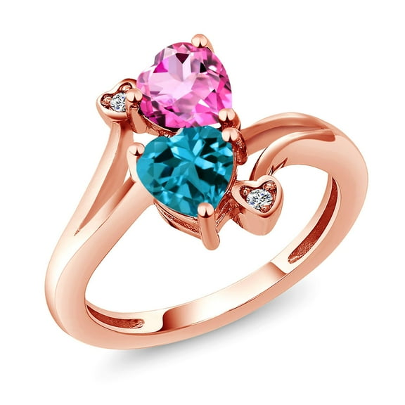Gem Stone King 18K Rose Gold Plated Silver Pink Mystic Topaz London Blue Topaz and White Lab Grown Diamond Ring for Women (1.93 Cttw, Heart Shape 6MM, Gemstone Birthstone, Size 5)