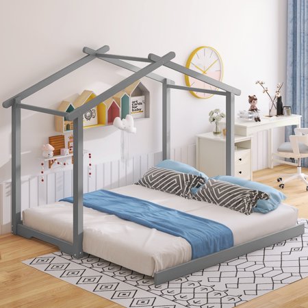 Motent Twin XL House Platform Bed with Trundle, Wooden Multi-Function Twin Bed for Kids, Gray,No Box Spring