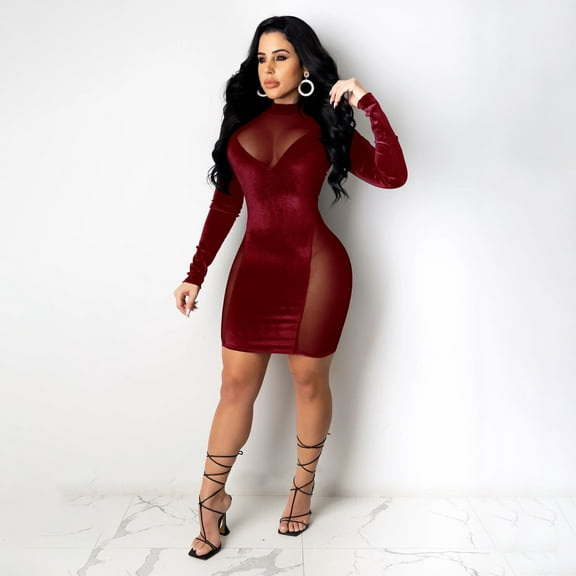 Sentmoon Patchwork Womens Dresses Long Sleeve Dresses for Women 2024 Elegant Fashion Mesh Short Dresses,Plus Size Workout A-line Dresses Red L Fall Saving