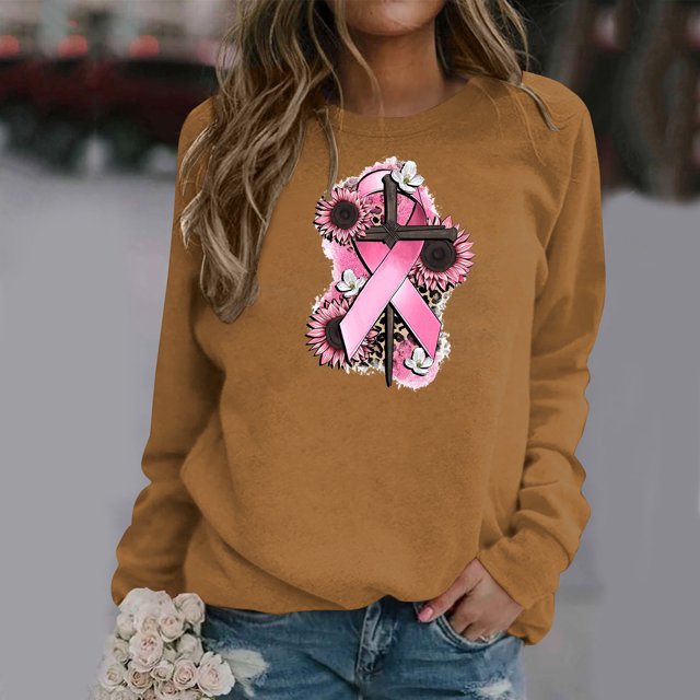 Jsaierl Chandails Roses pour Femmes Chandails de Sensibilisation au Cancer du Sein Manches Longues Col Rond Chandail à Enfiler Hauts Graphiques Roses Cadeau Inspirant pour Femmes