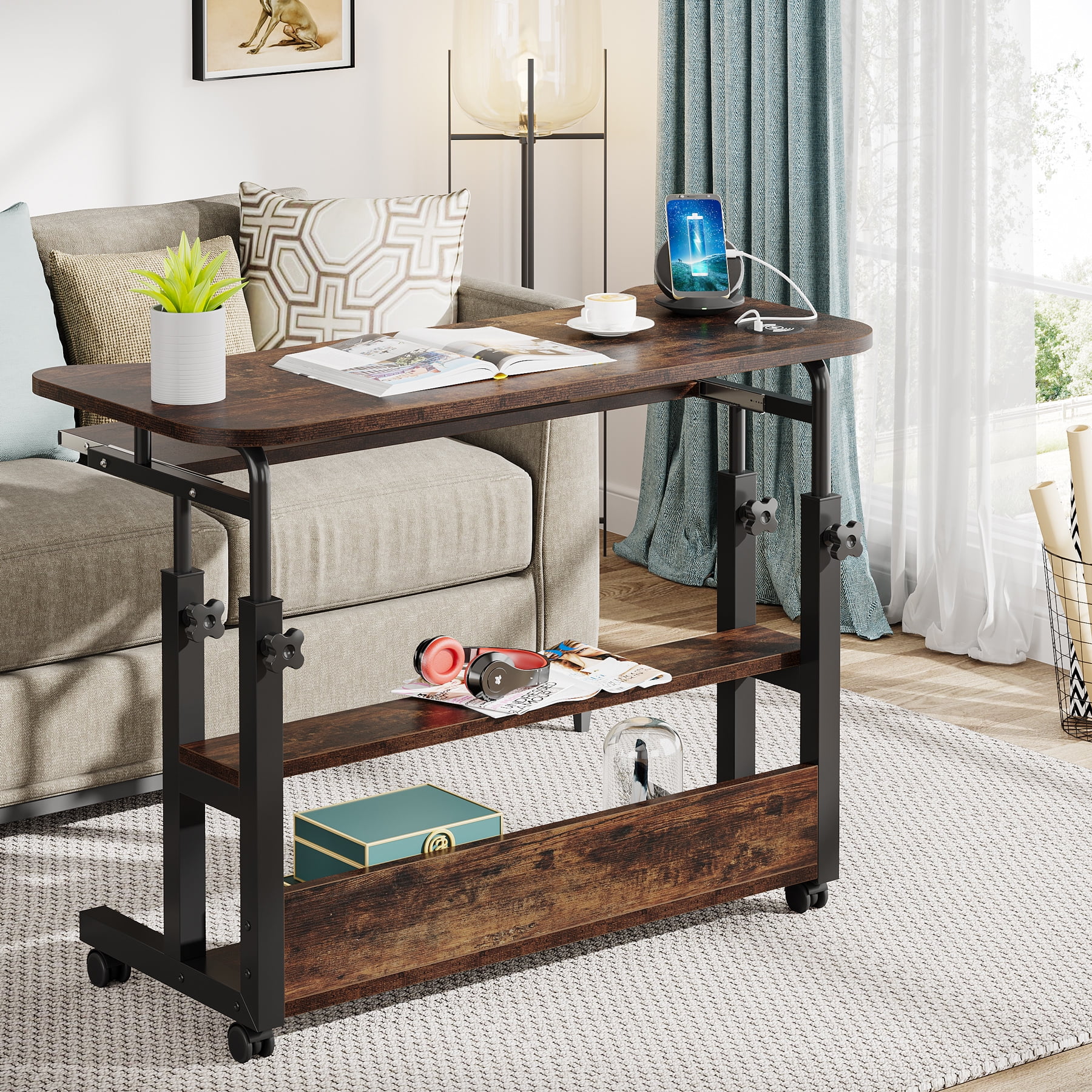 Tribesigns Mobile Computer Desk, Portable Adjustable Height Desk with Power Outlets and Storage Shelves for Home Office, Brown