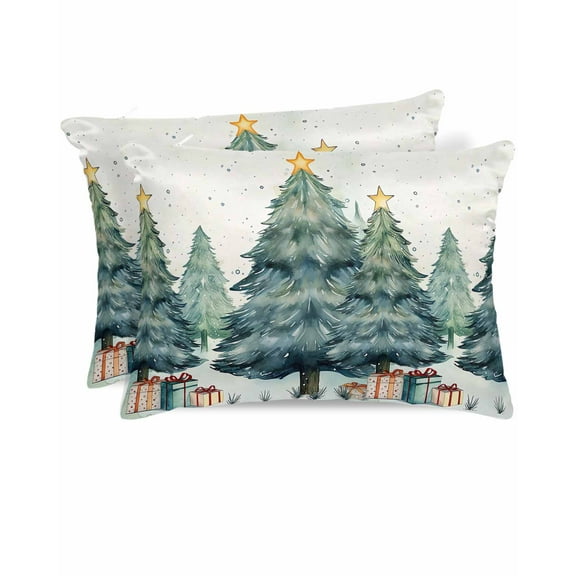 Hokiten Pillow Cases Standard Size Set of 2, Lumbar Pillow Covers, Christmas Tree Satin Pillowcases with Zipper for Hair/Skin, Pillow Protector Cover, Green Xmas Tree Christmas Gifts 20x26 Inches