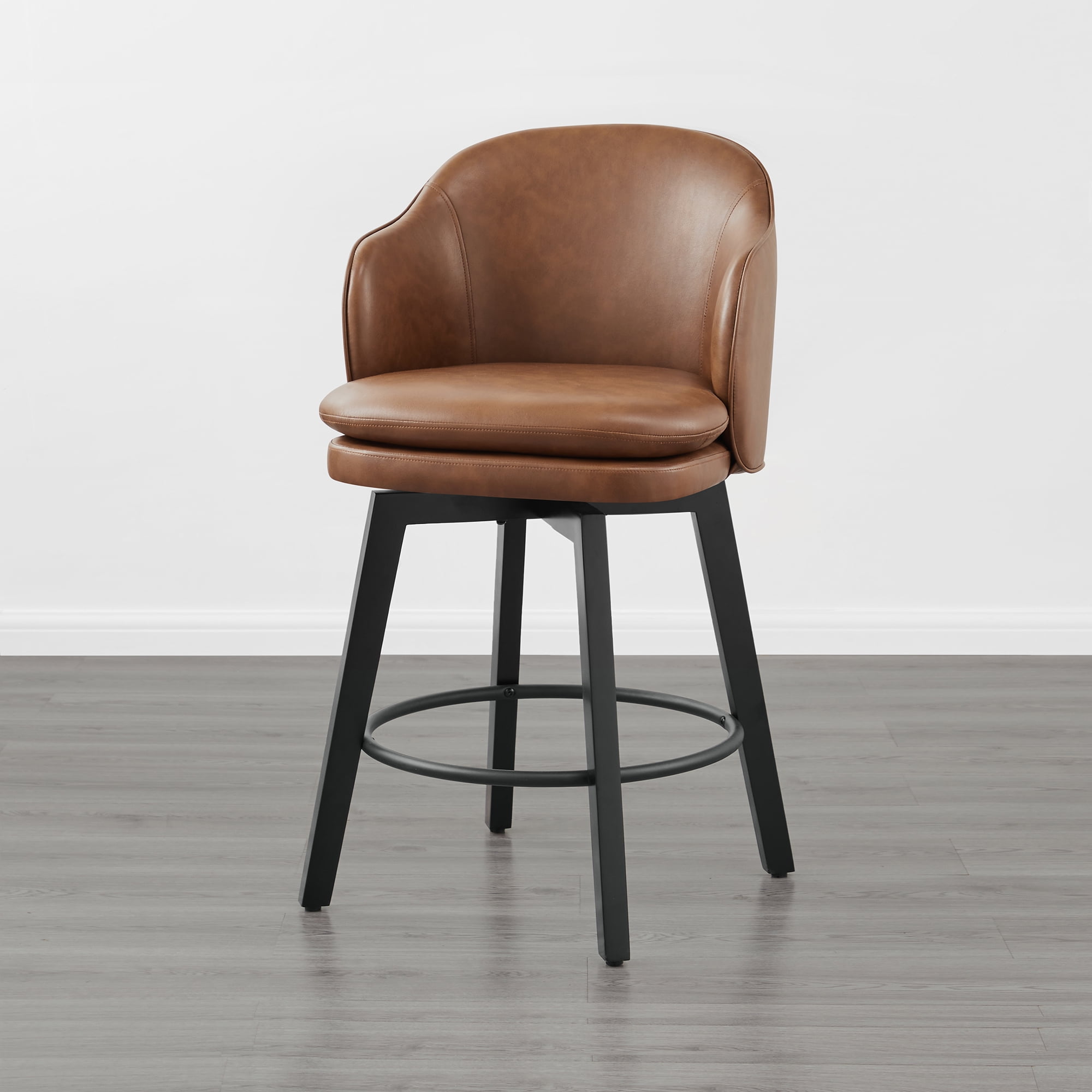 Spruce & Spring Counter Height Swivel Bar Stool with Curved Back and Arms Single, Brown, Faux Leather