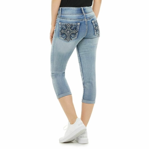 AAT.9 Women’s Rhinestone Tummy-Control Mid Rise Capris Cropped Blue Denim Jeans