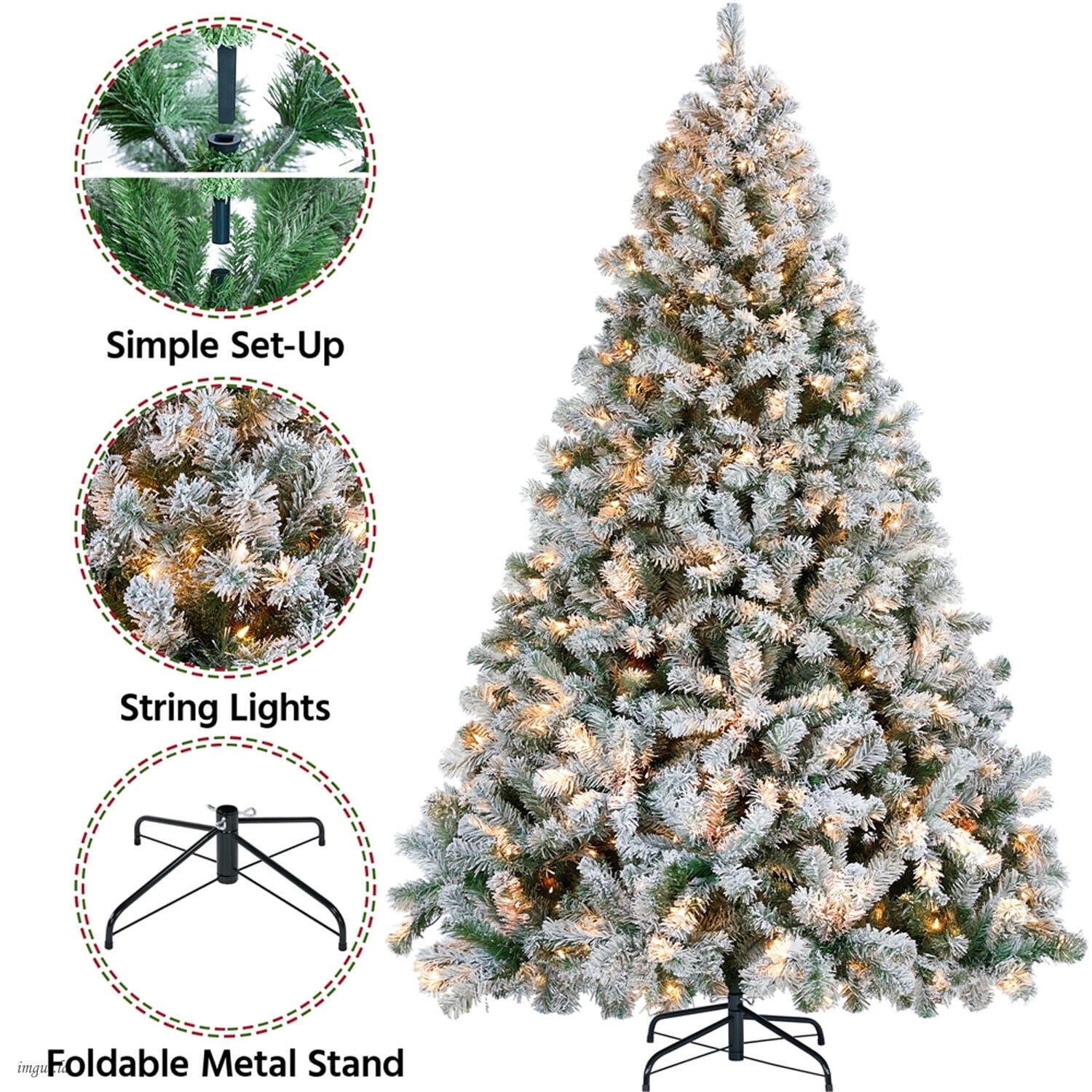 Alden Design 7.5FT Pre-lit Flocked Artificial Christmas Tree with Warm Lights,Artificial Tree with Foldable Stand, Green&White