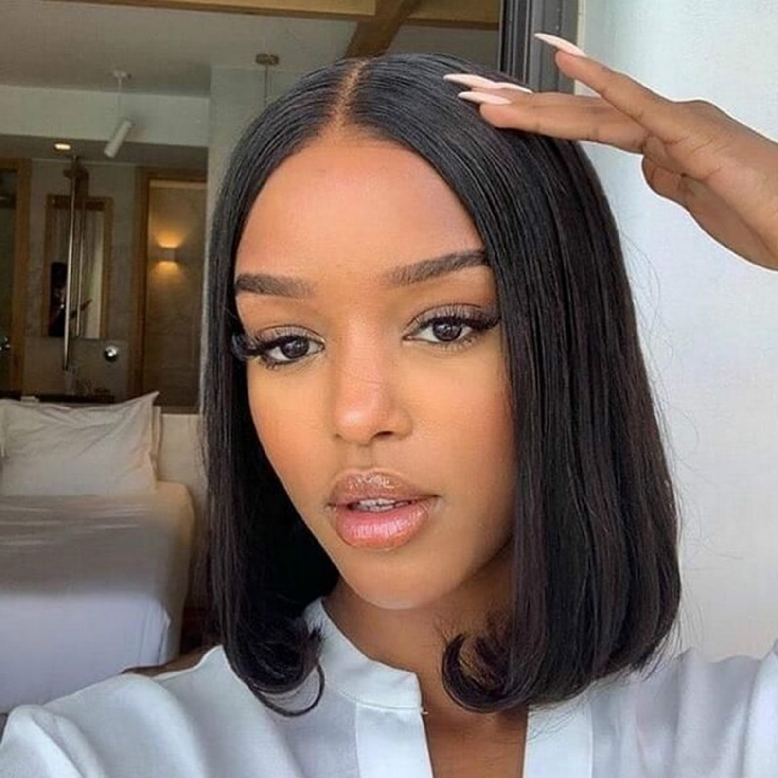 Ombre Blonde Bob Wig for Women, Short Straight Synthetic Wig Natural Looking Lace Front Style Wig for Daily Party(Black-1,One Size)
