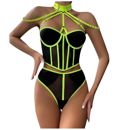 2 Piece Underwear Set for Ladies See-through Mesh Lingerie Sets Womens Cage Halter Corset and Sheer Thongs Naughty Erotic Outfits Sleepwear Sale