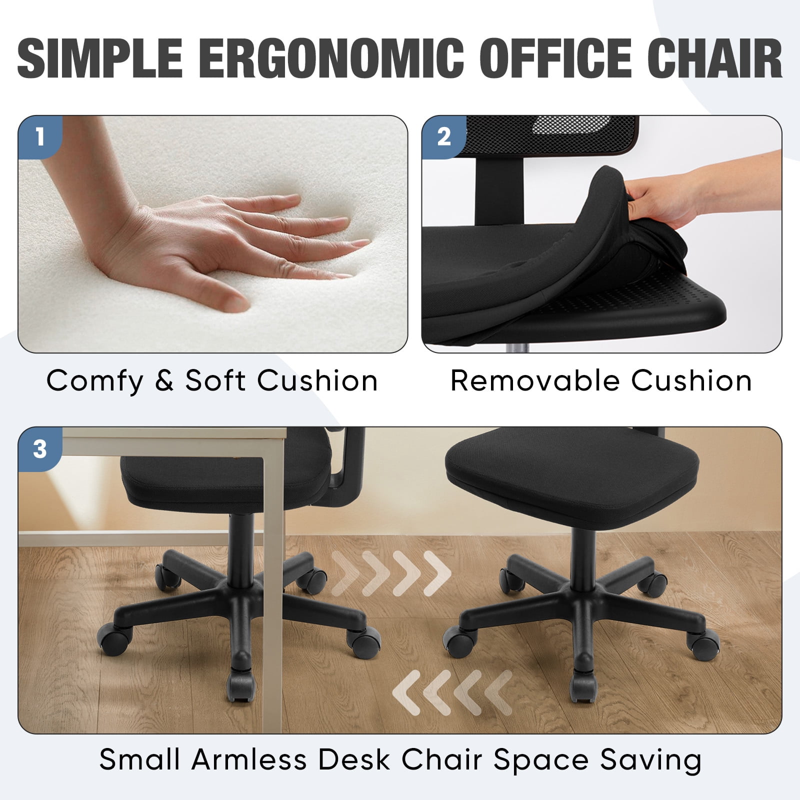 JOINSUN Armless Desk Mesh Office Chair, Adjustable Height Ergonomic Low Back Vanity Task Desk Chair with Wheels,Black